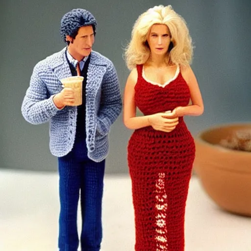 Image similar to Scene from the movie Pretty Woman with crocheting figures. Richard Gere is a crocheting figure, Julia Roberts is a crocheting figure.