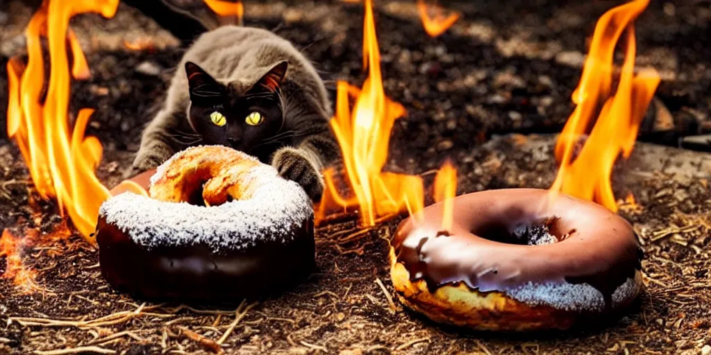 Image similar to a cat cooking a donut in a fire pit in the style of salvador dali