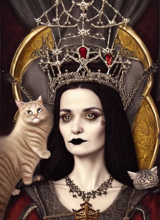 Image similar to highly detailed closeup portrait of a goth medieval queen wearing a crown and sitting on a throne, surrounded by cute cats, unreal engine, nicoletta ceccoli, mark ryden, earl norem, lostfish, global illumination, god rays, detailed and intricate environment