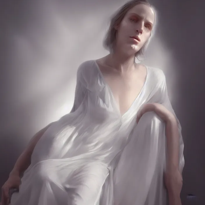 Prompt: a wonderful realistic portrait of a lonely woman who is dressed with a wonderful, majestic, large semi transparent white cotton dress, accent white lighting, dramatic light, octane render by roberto ferri, fantasy art, photo realistic, dynamic lighting, unreal engine rendered, artstation, poster, dramatic light, - 8 k, award winning