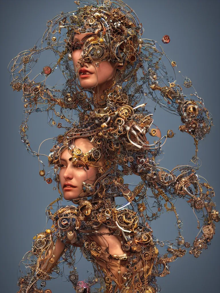 Prompt: a centered beautiful goddesses is surounded by intertwining bio - mech tendrils made of machine and robot parts and gemstones and leaves and feathers, full body, gorgeous face, perfect face, powerful, by justin gerard and james jean, 3 d, cinema 4 d render, trending on artstation, octane render, 8 k