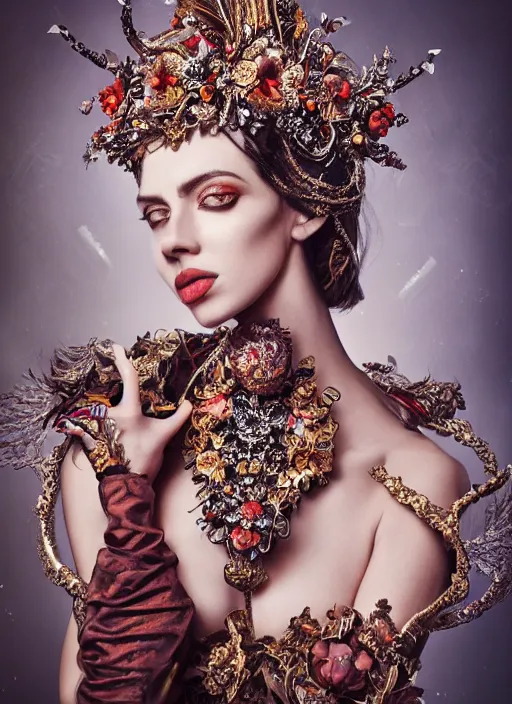 Image similar to expressive full body photo of a female model, ornate headpiece made from flowers, ornaments, glamour shot, by karol bak, by stefan gesell, photorealistic, canon r 3, fashion photography, hyper maximalist, elegant, ornate, luxury, elite, environmental portrait, symmetrical features, octane render, unreal engine, solid dark grey background, dramatic lights