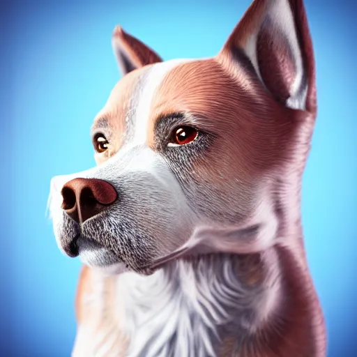 Image similar to crisp quality and light reflections, photorealistic portrait, studio lighting, still photo of a cute dog with human eyes, bright studio setting, highly detailed, unreal engine 5 quality render, uncanny valley