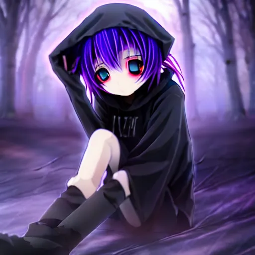 Prompt: A cute young real life 3D anime girl with long blueish violet hair, wearing a black reaper hood with shorts, a bloody scythe is laying next to her foot, in a dark field, top down angle, laying on her back, full body, moody lighting
