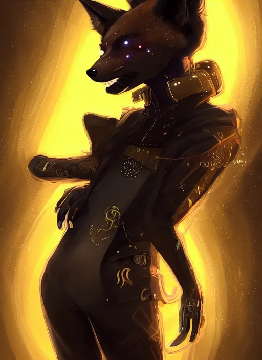 Image similar to award winning beautiful portrait commission of a male furry anthro melanated fox fursona with a tail and a cute beautiful attractive detailed furry face wearing stylish black and gold cyberpunk clothes in a cyberpunk city at night while it rains. Character design by charlie bowater, ross tran, artgerm, and makoto shinkai, detailed, inked, western comic book art