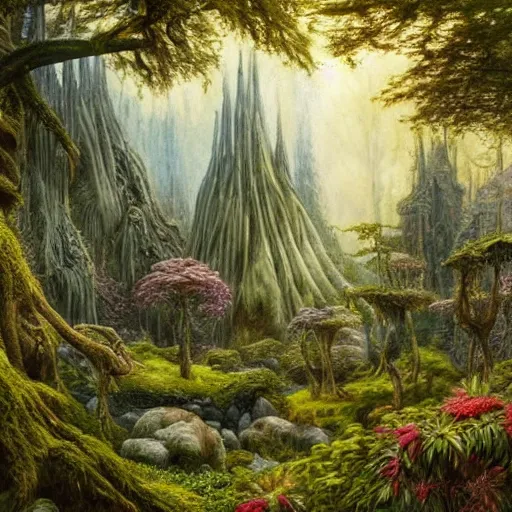 Prompt: a beautiful and highly detailed oil painting of an elven forest temple in the misty mountains, detailed plants and trees and flowers, intricate details, epic scale, insanely complex, 8 k, sharp focus, hyperrealism, fantasy landscape, psychedelic patterns, by caspar friedrich and james gurney,