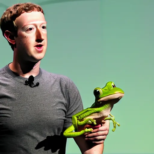 Image similar to mark zuckerberg with a frog on his shoulder