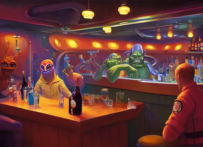 Image similar to crowded dive bar on a space station. an alien bartender serves a drink to a drunk human. painting by dan volbert and mandy jurgens and deiv calviz and lim chuan shin