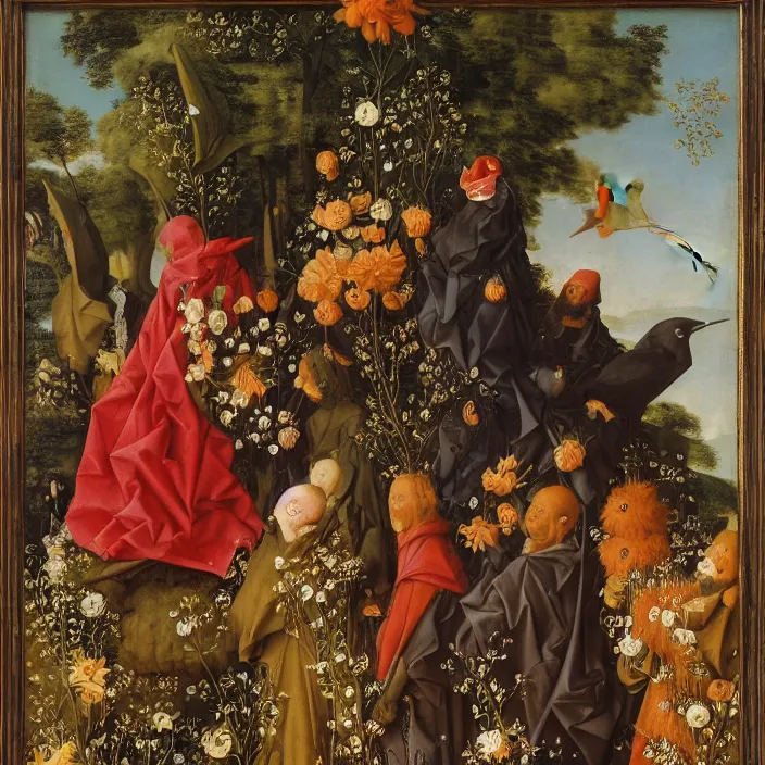 Image similar to a group of cloaked figures surround a bird on top of flowers, by Jan van Eyck