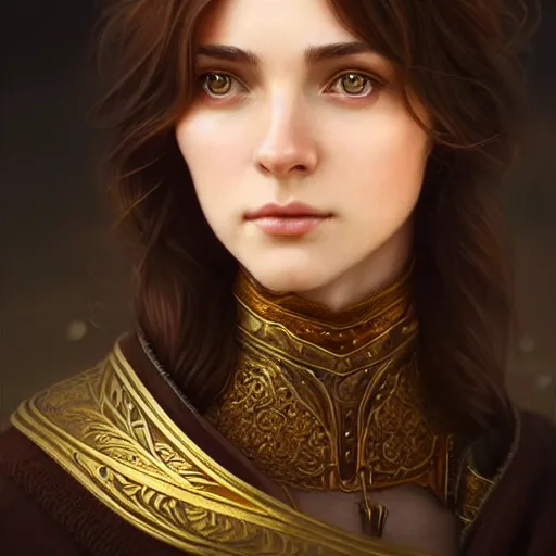 Prompt: brown haired mage medium portrait, gentle, female, city landscape, norway, d & d, fantasy, intricate, elegant, highly detailed, digital painting, brown and gold color palette, artstation, octane render, concept art, matte, sharp focus, illustration, herrarthstone, art by artgerm and greg rutkowski and alphonse mucha