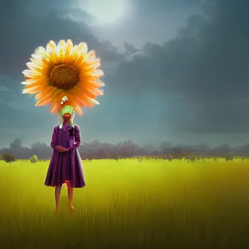 Prompt: giant daisy flower under head, standing frontal, a girl in a suit, surreal photography, sunrise, dramatic light, impressionist painting, digital painting, artstation, simon stalenhag