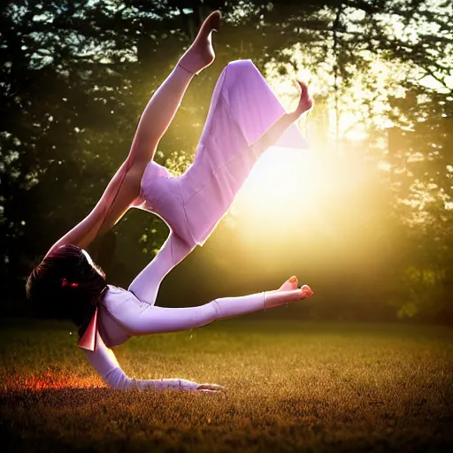 Prompt: An origami girl doing acrobatic contemporary dance, dramatic lighting, with bokeh effect in a sunny meadow