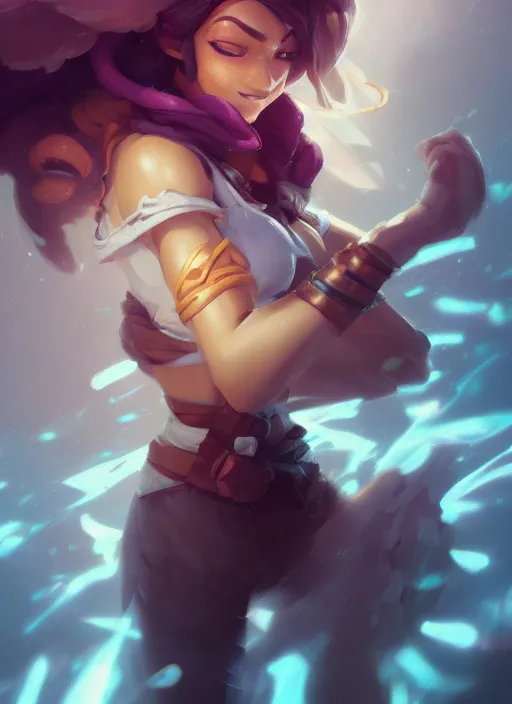 Image similar to playful taliyah, from league of legends, hyper detailed, digital art, trending in artstation, cinematic lighting, studio quality, smooth render, unreal engine 5 rendered, octane rendered, art style by klimt and nixeu and ian sprigger and wlop and krenz cushart