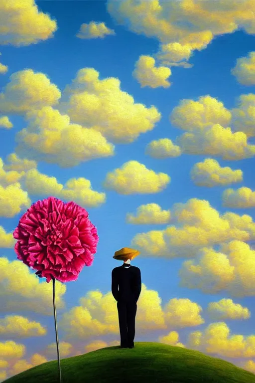 Image similar to closeup, giant carnation flower head, woman in suit, clouds in sky, surreal, impressionist painting, digital painting, artstation, rob gonsalves