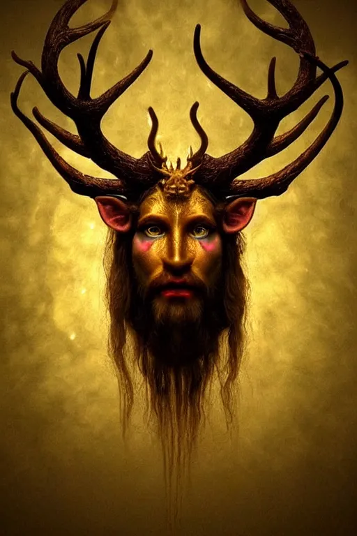 Prompt: Hyper realistic portrait of Cernunnos floating in the dark night, gold dripping in spiral, Mistic ambient, colorful ambient light, ultra super good realistic 3D render by Pete Morbacher and Emil Melmoth, insanely detailed, trending on artstation, sharp focus