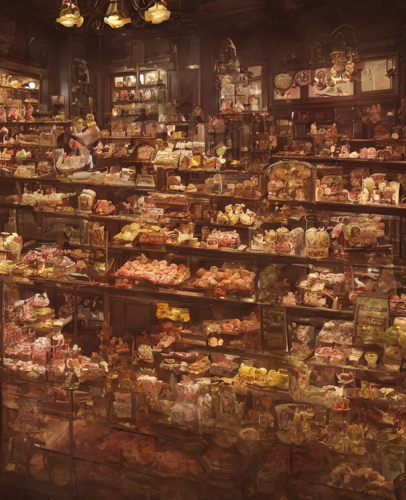 Image similar to Inside an old fashioned sweet shop, fantasy vendor interior, wide angle, cinematic shot, highly detailed, cinematic lighting , photorealistic, trending on cgsociety and unreal engine