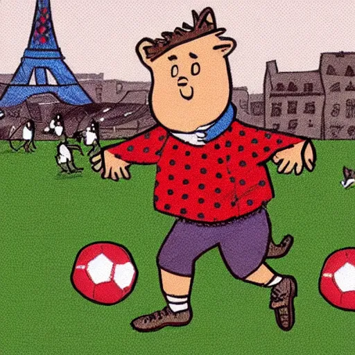 Image similar to illustration of french boy in paris playing football against a corgi, the corgi is wearing a polka dot scarf