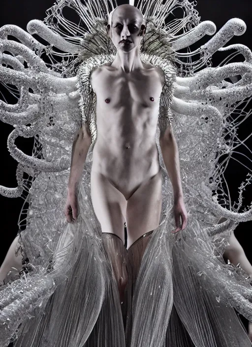 Prompt: walking down the catwalk, steven klein, show, stage, vogue photo, podium, fashion show photo, historical baroque dress, iris van herpen, beautiful woman, full body shot, masterpiece, alien, plant predator, guyver, jellyfish, white biomechanical details, highly detailed