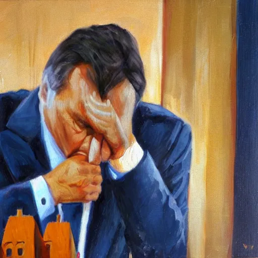 Image similar to viktor orban laying bricks, oil painting