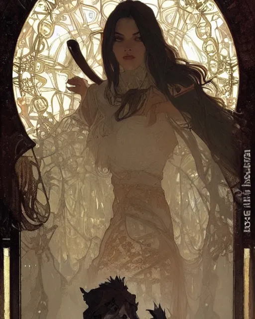 Image similar to inside the king's hall wolves and their treasures, ethereal, ominous, misty, 8 k, by alphonse mucha and greg rutkowski