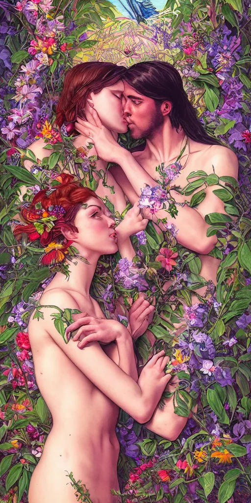 Prompt: adam and eve, embracing, kissing, vaporwave aesthetic, synthwave, colorful, psychedelic, garden of eden, crown, flowers, bees, butterflies, ribbons, ornate, intricate, digital painting, artstation, concept art, smooth, sharp focus, illustration, art by artgerm and greg rutkowski and alphonse mucha