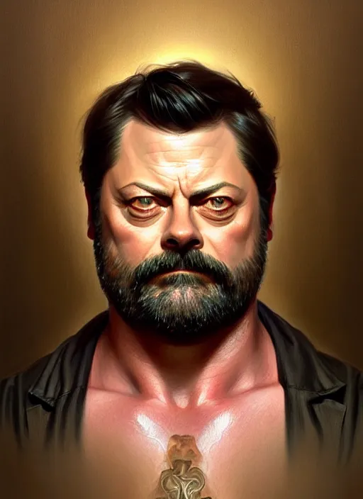 Prompt: portrait of nick offerman, intricate, elegant, muscular! highly detailed, digital painting, artstation, concept art, smooth, sharp focus, illustration, art by artgerm and greg rutkowski and alphonse mucha