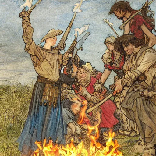 Prompt: a painting of medieval knights toasting marshmallows around the campfire in the style of howard pyle, arthur rackham, alphonse mucha, maxfield parrish. volumetric lighting. 8 k resolution. best detail. trending on artstation trending on deviantart