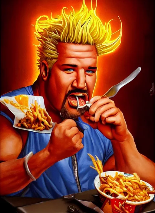 Image similar to epic cinematic poster artwork for guy fieri eating chili cheese fries, moody painting by drew struzan, beautiful backlit, colorful, iconic composition, epic award winning, artstation, extremely detailed, flare, photorealistic, 4 k