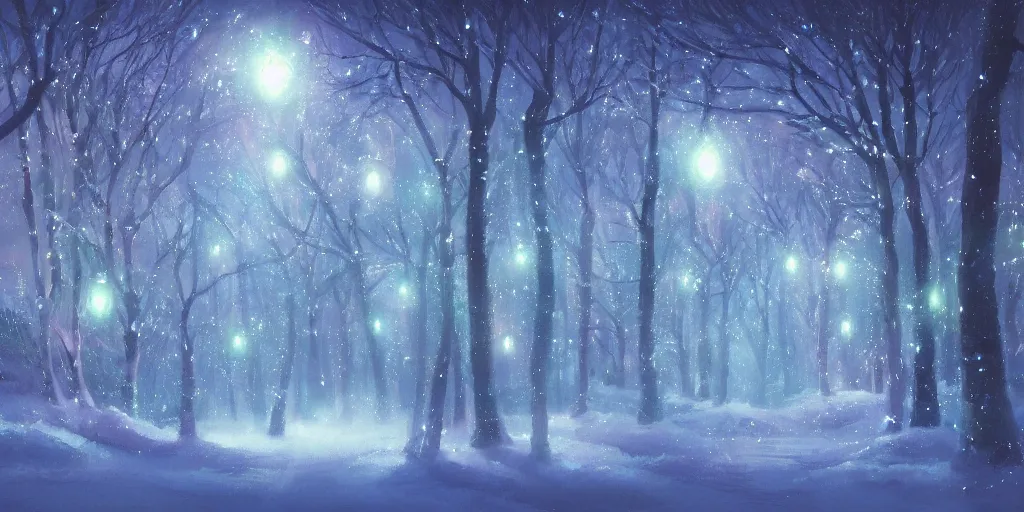 Image similar to high quality illustration of an enchanted magical winter forest::night time, glowing sparkles, mystic lightning::painted by Daisuke Tsutsumi, artstation art