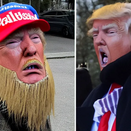 Prompt: donald trump dresses as a homeless man asking for money on the streets, detailed face