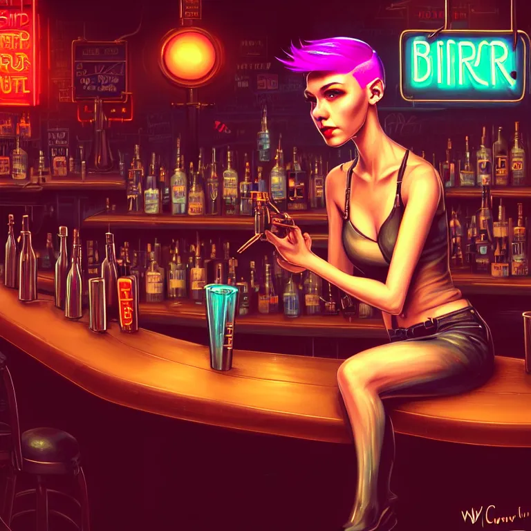 Prompt: a young sophisticated beautiful barmaid, dimly lit industrial grunge cyberpunk dive bar, dystopian retrofuturistic 1980s neon vibe, relaxed pose, sitting at the bar, pixie cut with shaved side hair, wild, highly detailed, digital painting, artstation, sharp focus, illustration, detailed painterly digital art style by WLOP and Cory Loftis + perfect facial symmetry + dim volumetric lighting, vibrant deep colors, 🍸, 8k octane beautifully detailed render, post-processing, extremely hyperdetailed, epic composition, grim yet sparkling atmosphere, cinematic lighting + masterpiece, Art Nouveau, unreal engine