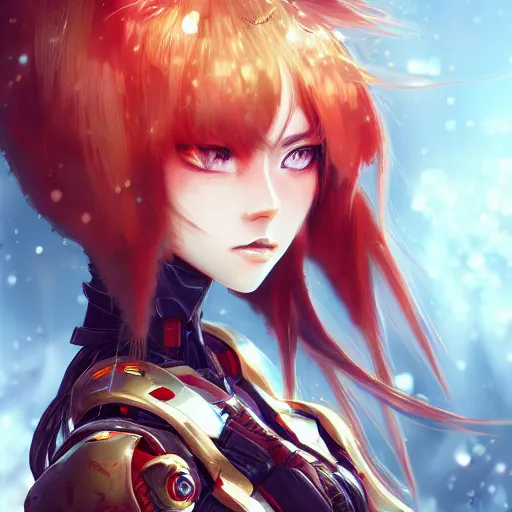 Prompt: cute red armored cyborg - anime girl, long gold hair, yellow eyes, digitally painted by ross draws, extreme high intricate details by wlop, digital anime art, black shadows, stylized shading