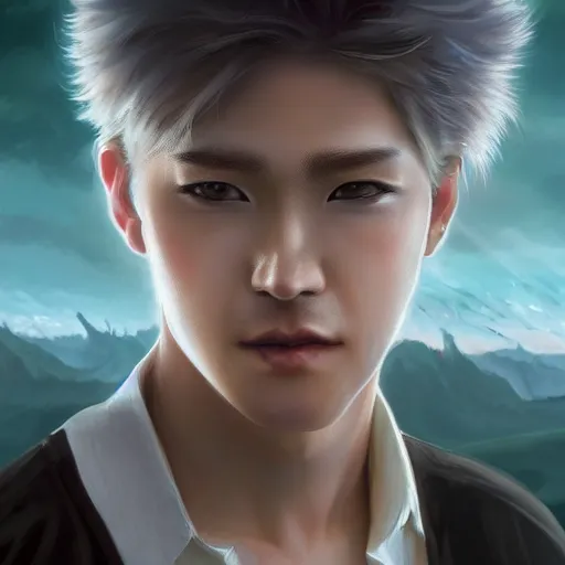 Prompt: a portrait of a handsome prince, white fringy hair, backlit, incredible lighting, strong rim light, subsurface scattering, realistic anime, by Heise Jinyao, Heise-Lian Yan Fang, Feimo, Richard Taddei, epic beautiful landscape, highly detailed, god rays, digital painting, HDRI, by Noah Bradley, vivid colors, high contrast, 8k resolution, intricate, photorealistic