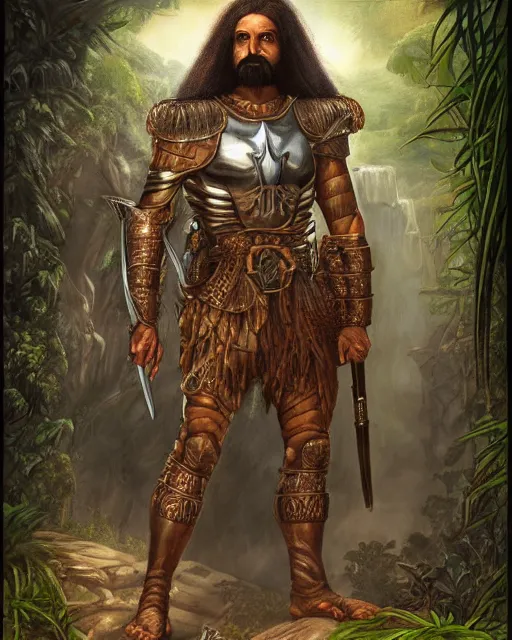 Image similar to ultrarealistic illustration of conquistador, symmetrical, by daniel zrom and nicola saviori, jungle background, detailed