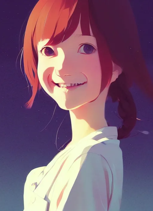 Image similar to portrait of a smiling girl by ilya kuvshinov, cloudy sky background lush landscape ln illustration concept art anime key visual trending pixiv by victo ngai fanbox by greg rutkowski makoto shinkai takashi takeuchi studio ghibli