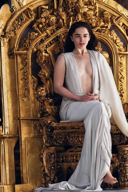 Prompt: Emilia Clarke as a Greek Goddess on a Throne