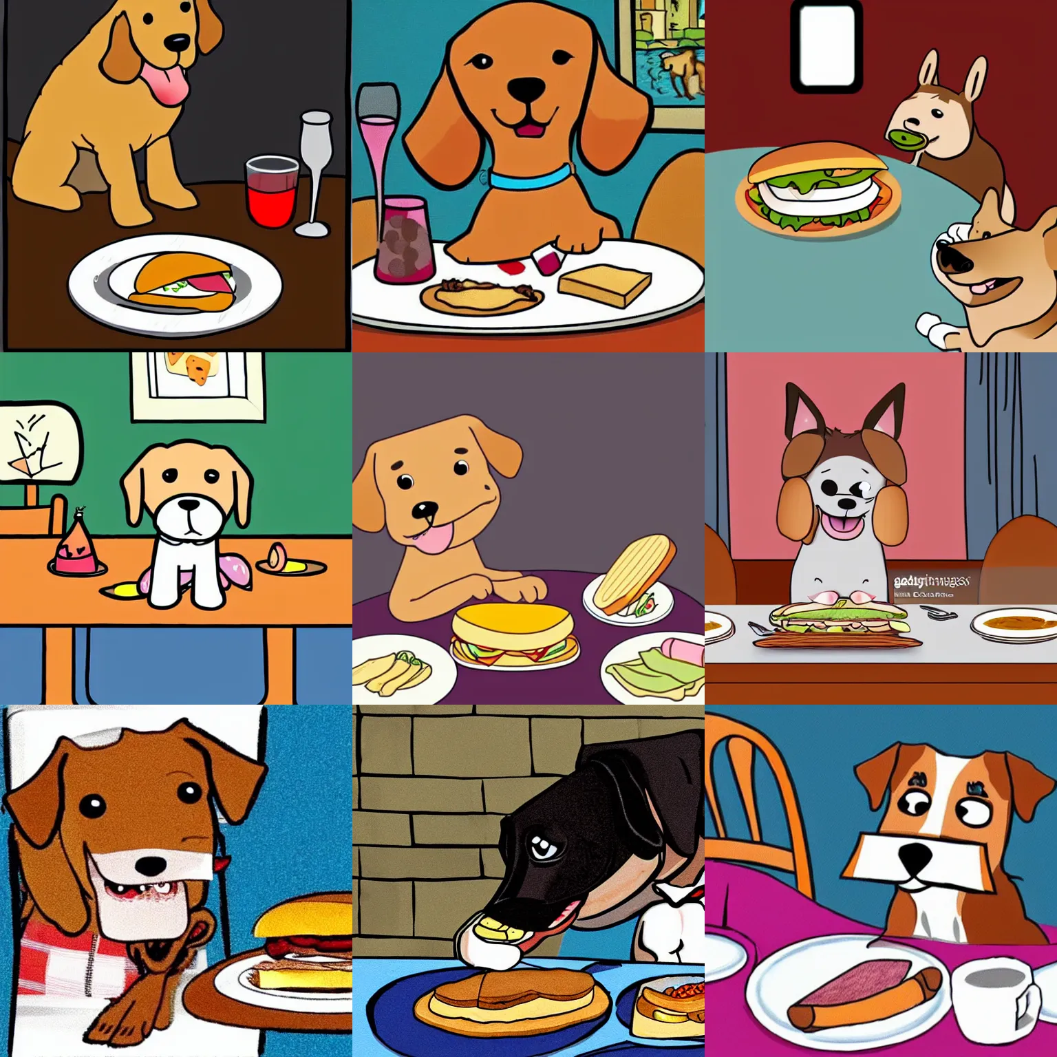 Prompt: cute cartoon of a dog having a sandwich at the dinner table