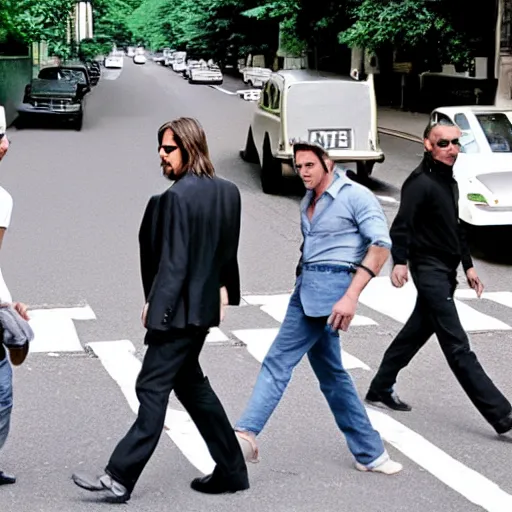 Prompt: keanu reeves, brad pitt, tom cruise and george clooney in abbey road