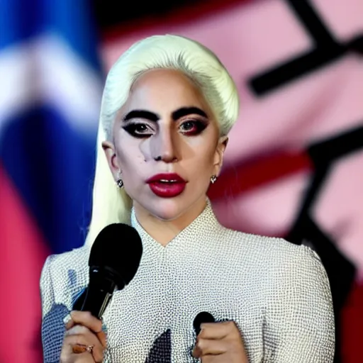 Image similar to Lady Gaga as president, Argentina presidential rally, Argentine flags behind, bokeh, giving a speech, detailed face, Argentina