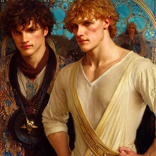 Image similar to manly arthur pendragon and manly merlin. focus on their faces. highly detailed painting by gaston bussiere, j. c. leyendecker, alphonse mucha, greg rutkowski, 8 k