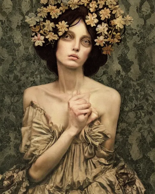 Prompt: a beautiful and eerie baroque painting of a beautiful but serious woman in layers of fear, with haunted eyes and dark hair piled on her head, 1 9 7 0 s, seventies, floral wallpaper, wilted flowers, morning light showing injuries, delicate ex embellishments, painterly, offset printing technique