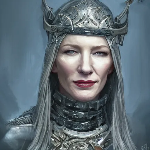 Image similar to portrait of cate blanchett as a warrior woman, looking at camera, d & d, choker on neck, stylish armor, intricate, elegant, stylish, fierce look, fantasy, extremely detailed, digital painting, artstation, concept art, smooth, sharp focus, illustration, stunning lighting, art by artgerm and simon stalenhag