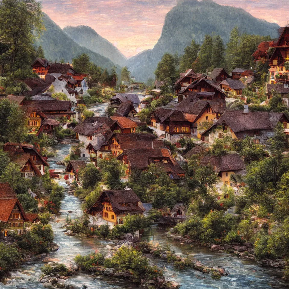 Image similar to high - quality realist painting of a river crossing a traditional bavarian village in a valley in the alps at dawn, peaceful, very detailed, digital art.