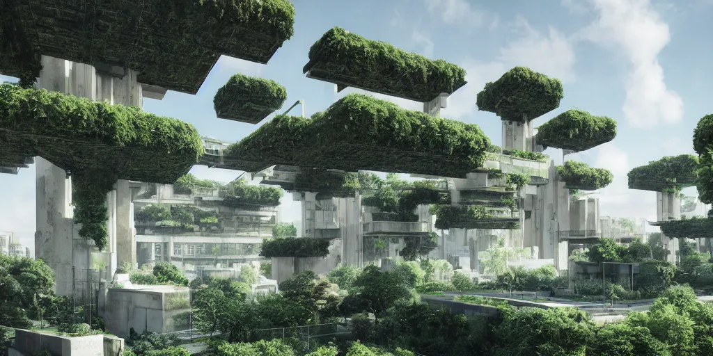 Prompt: verdant classical garden based on the brutalist architecture of carlo scarpa in a megacity made of modernist travertine temples, sci-fi, a white space elevator in the distance light blue sky with clouds, dramatic matte painting, style by syd mead, 8k, octane render, photorealistic, hyperrealism