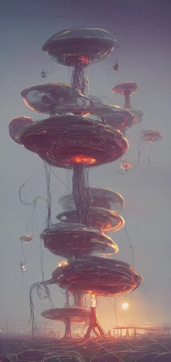 Image similar to mechanical mushroom starship with long tendrils, lots of hanging cables and wires, messy cords, sci - fi concept art, by john harris, by simon stalenhag, stunning, award winning