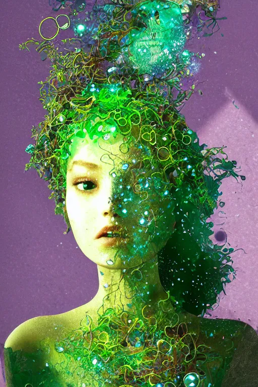 Prompt: transcending yesterday's self, vine headdress, moss patches, 2 0 mm, with pastel yellow and green bubbles bursting, voronoi, melting into lilligant, delicate, beautiful, intricate, houdini sidefx, by jeremy mann and ilya kuvshinov, jamie hewlett and ayami kojima, bold 3 d