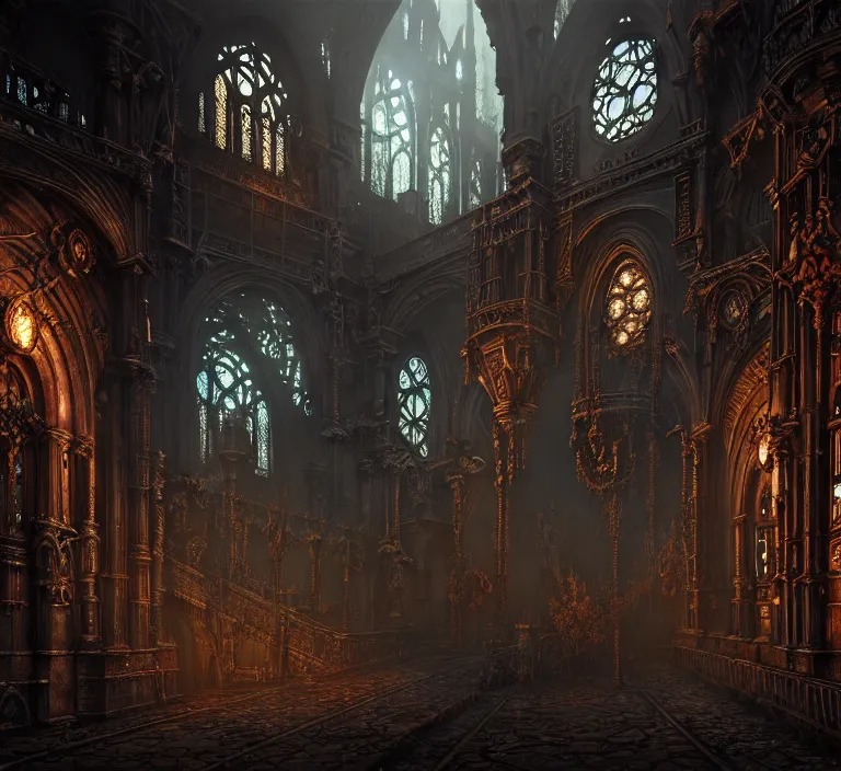 Image similar to steam necropolis, memento mori, gothic, neo - gothic, art nouveau, hyperdetailed copper patina medieval icon, stefan morrell, philippe druillet, ralph mcquarrie, concept art, steampunk, unreal engine, detailed intricate environment, octane render, moody atmospherics, volumetric lighting, ultrasharp, ominous, otherworldly