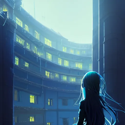 Image similar to low - angle shot from behind of a long blue - haired girl in a tailcoat overlooking noxus, noir, screenshot, sharp focus, intricate, illustration, cell shaded, digital painting, highly detailed, art by ilya kuvshinov, wlop, greg rutkowski, studio quality, james jean