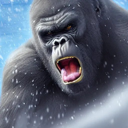 Prompt: angry and aggressive king kong in winter moscow, digital painting, very detailed, art by artgerm