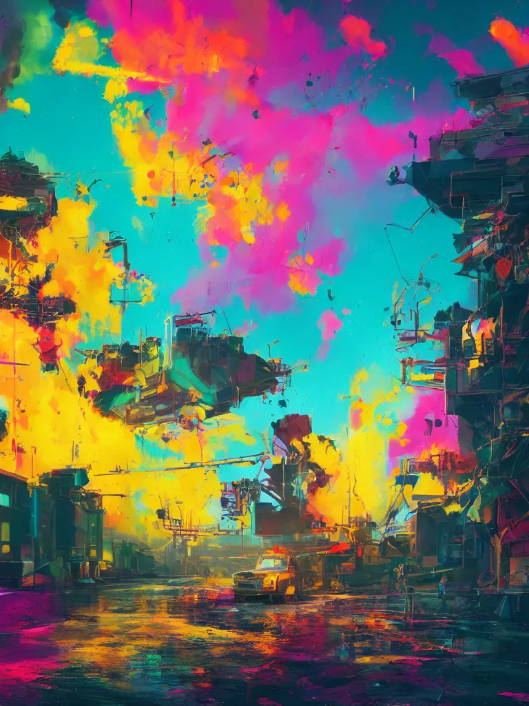 Image similar to a colorful explosion, color splashes in a painting from stalenhag, 4 k, 8 k, hdr, artstation, concept art